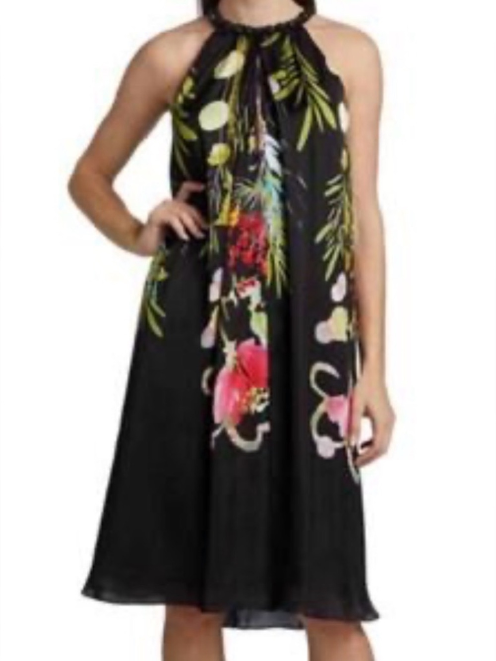 Rickie Freeman Teri Jon Black Floral Halter Dress Beaded Neckline Size 8